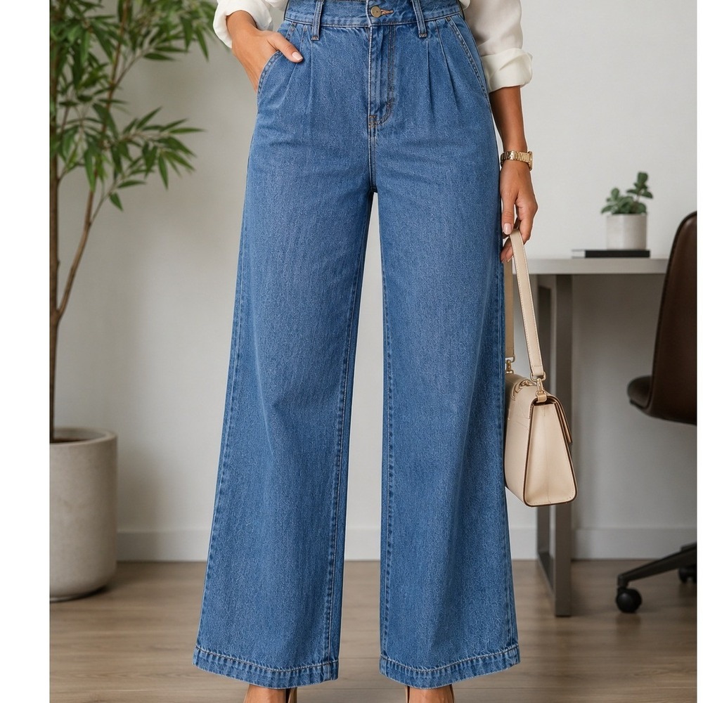 Madewell‎ Baggy Straight Jeans 31 Medium Wash Blue Pleated High Rise Wide Leg